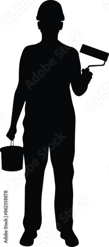 Construction worker silhouette illustration. Men doing outdoor activity. Construction worker pose wearing safety helmet