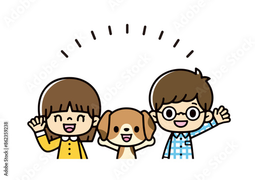 ペットのビーグル犬と笑顔で手を振るアジア人の子供たちのイラスト