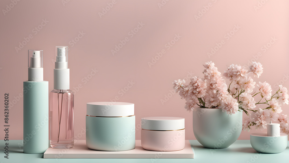 A display of cosmetics and flowers on a table A display of cosmetics and flowers on a table