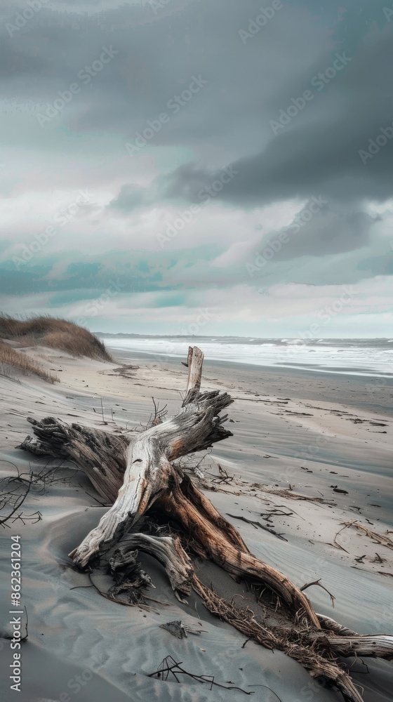 Driftwood on a desolate beach under stormy clouds, nature concept Driftwood on a desolate beach under stormy clouds, nature concept