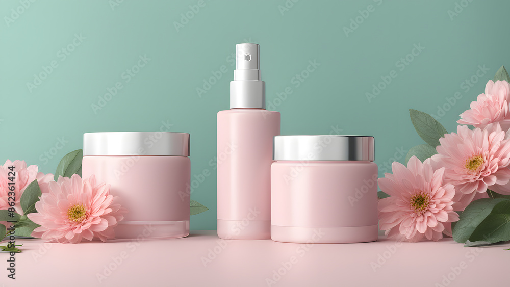 Three bottles of pink cosmetics are displayed on a table with pink flowers in th Three bottles of pink cosmetics are displayed on a table with pink flowers in th