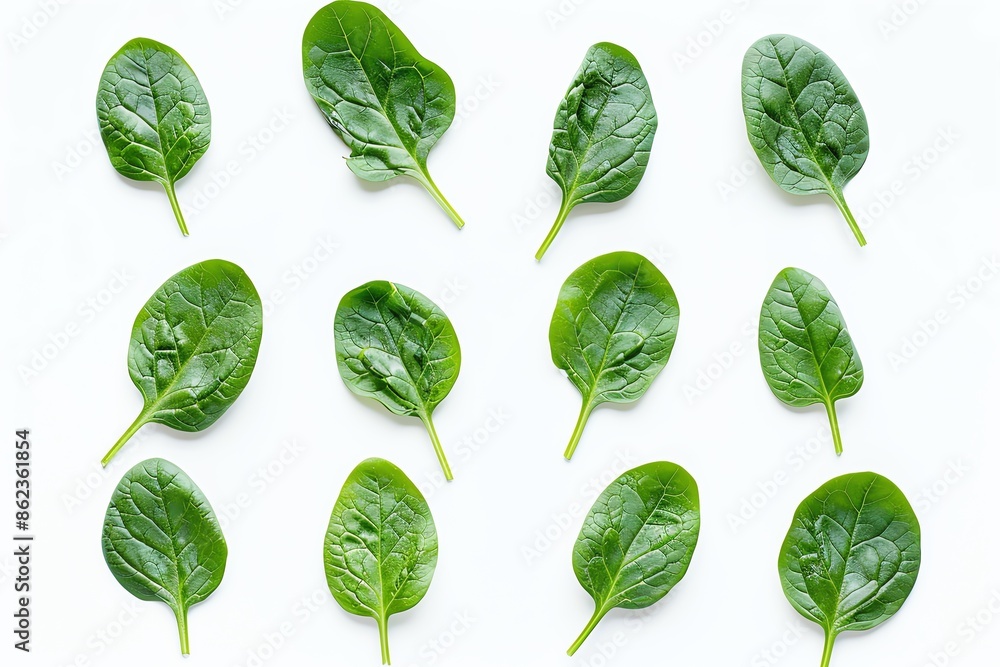 Fresh spinach leaves arranged on a white background. Perfect for healthy eating, cooking, or recipe illustrations. Fresh spinach leaves arranged on a white background. Perfect for healthy eating, cooking, or recipe illustrations.