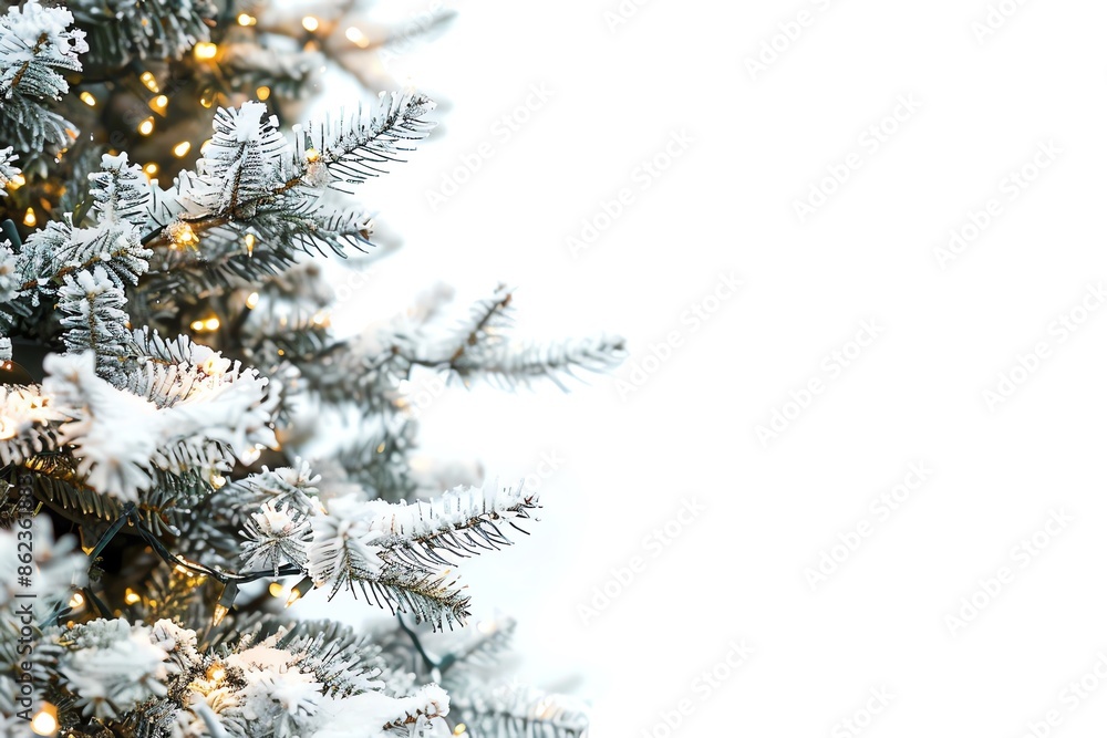 Snow-covered Christmas tree with warm lights on a white background, evoking holiday spirit and winter wonder. Snow-covered Christmas tree with warm lights on a white background, evoking holiday spirit and winter wonder.