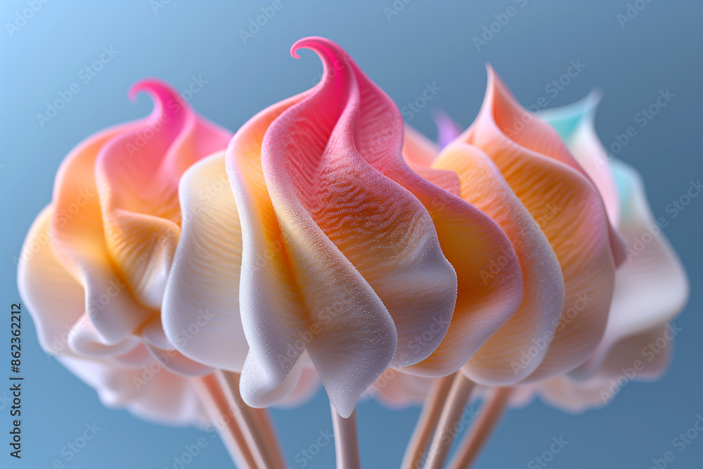 A group of colorful marshmallows with a swirl of pink, yellow, and white frosting A group of colorful marshmallows with a swirl of pink, yellow, and white frosting