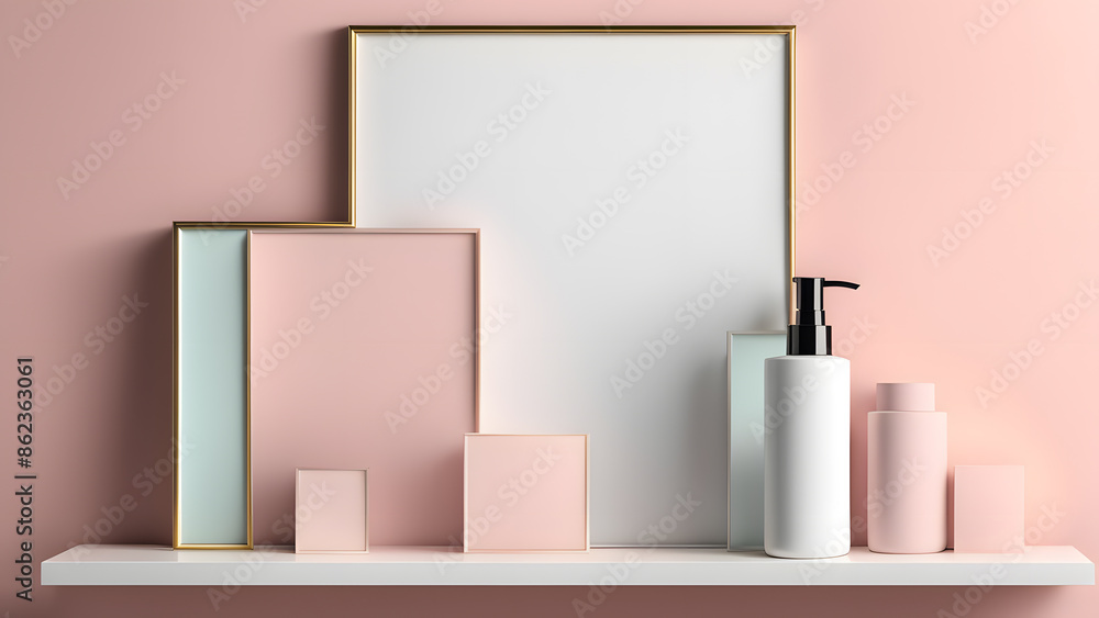A white shelf with a pink wall behind it A white shelf with a pink wall behind it