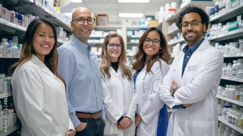 Pharmacists Group Portrait in Clean Well-Lit Pharmacy SettingDiverse Team.