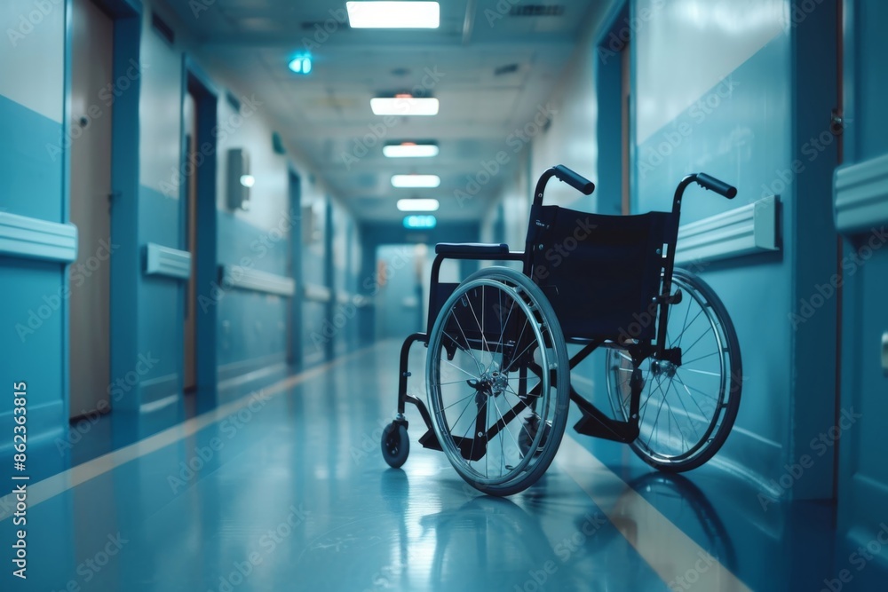 Empty Wheelchair in Hospital Corridor Medical Facility Accessibility Healthcare Mobility Empty Wheelchair in Hospital Corridor Medical Facility Accessibility Healthcare Mobility