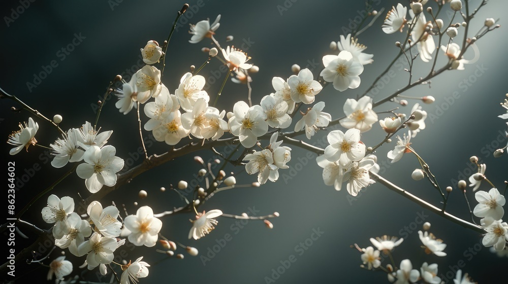 White spring blooms illuminated by white light on dark backdrop