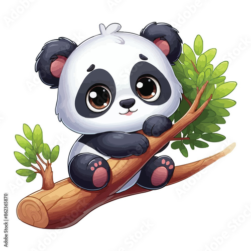 Cartoon little panda on tree branch vector illustration