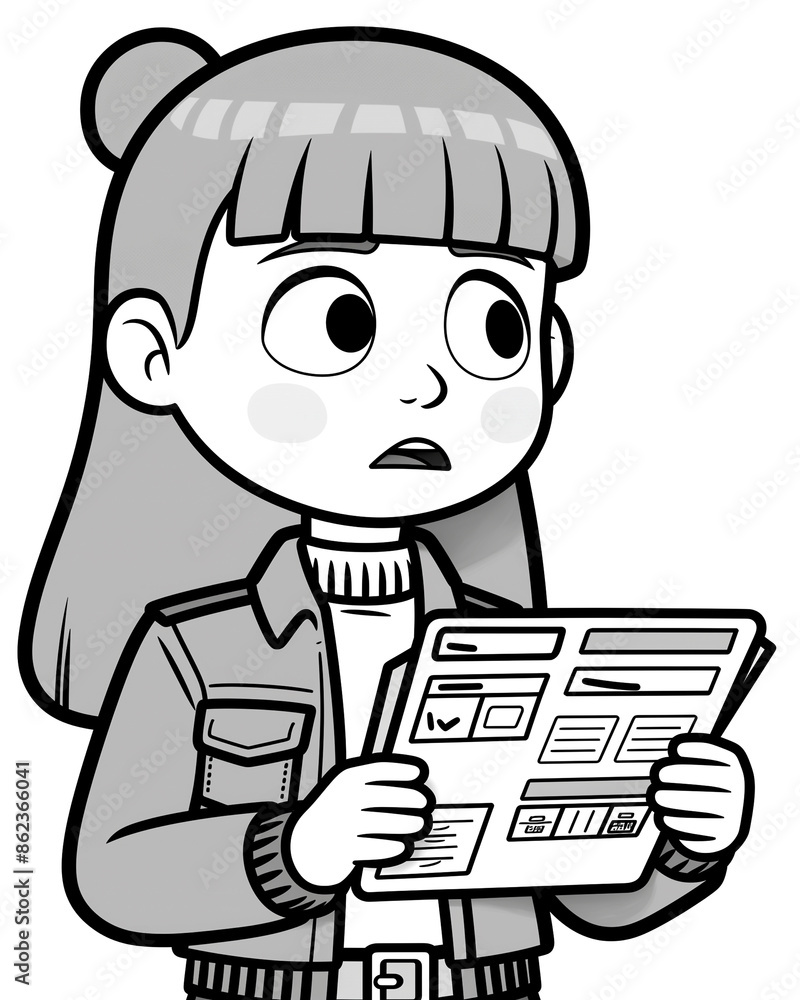 A girl is looking at a piece of paper. She is wearing a jacket and a white shirt A girl is looking at a piece of paper. She is wearing a jacket and a white shirt