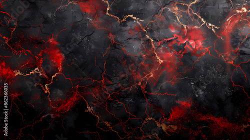 Abstract dark black and red marbled background with cracks and vivid lines