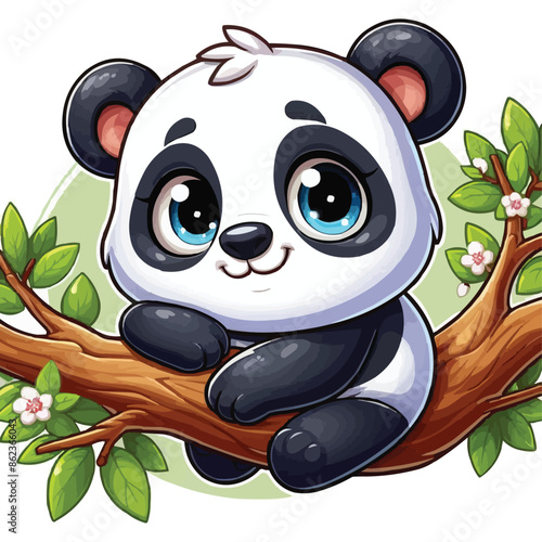 Cartoon little panda on tree branch vector illustration