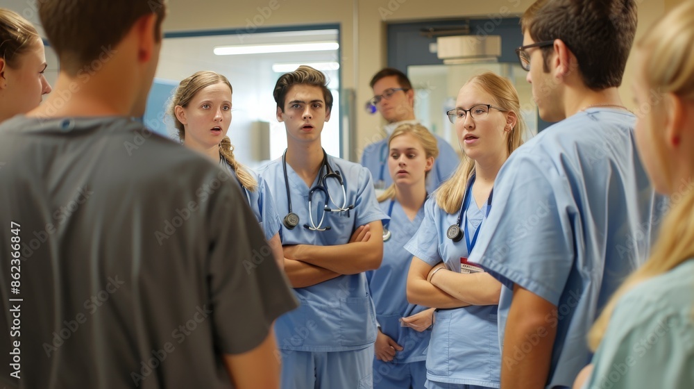 Medical Students in Scrubs Engaged in Training at Hospital Simulation - Education Concept Medical Students in Scrubs Engaged in Training at Hospital Simulation - Education Concept