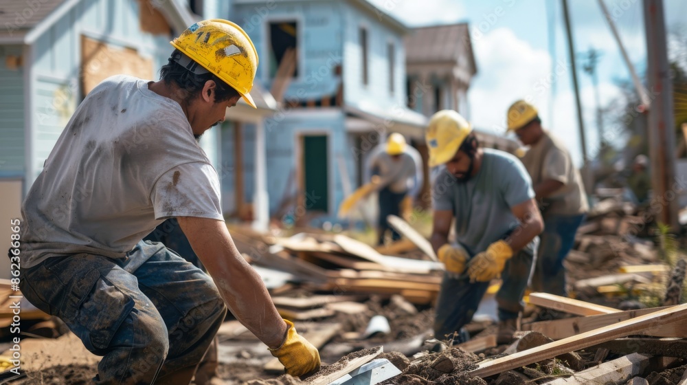 Rebuilding Hope: Volunteers Building Homes After Disaster - Stock Photo. Rebuilding Hope: Volunteers Building Homes After Disaster - Stock Photo.