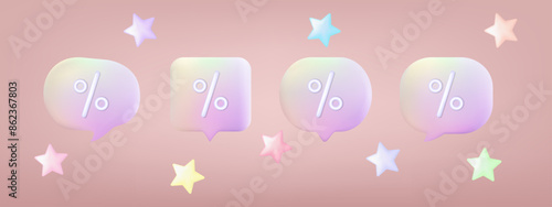 Speech bubble with percentage. Dialog box advertising discounts, low interest rates, price reductions. Message about a profitable purchase, promotion, special announcement. Speech bubble 3d. Vector.