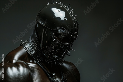 man wearing a black leather mask with spikes and a black leather harness photo