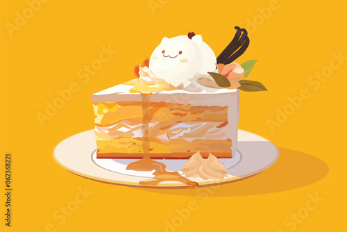 Slice of vanilla sponge cake seem like orange cake with cute pudding on top.
