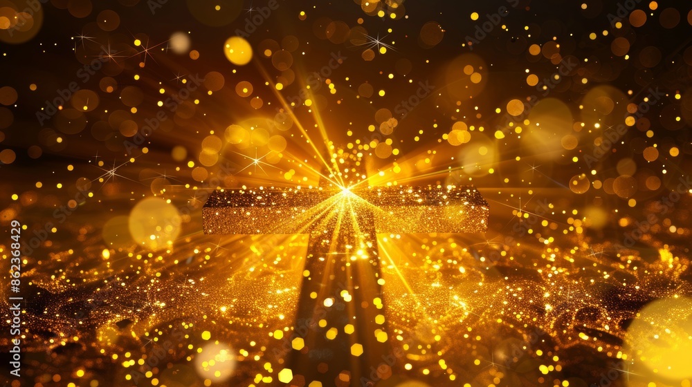Obraz premium Religious golden crossshining sparkles and radiant glow on black background.