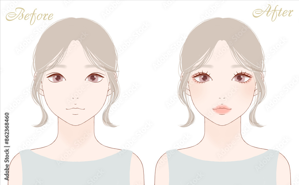 末広がり二重の女性のBeforeAfterイラスト 末広がり二重の女性のBeforeAfterイラスト