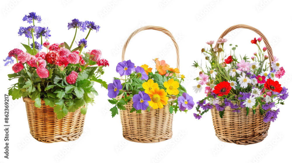 Exquisite Mixed Bloom Baskets: A Harmonious Array of Complementary Flowers and Leaves - Isolated on White Exquisite Mixed Bloom Baskets: A Harmonious Array of Complementary Flowers and Leaves - Isolated on White