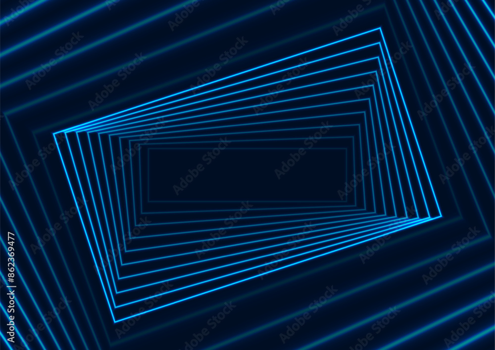 Twisted into a spiral bright blue neon rectangles futuristic tech background. Geometry laser effect vector design Twisted into a spiral bright blue neon rectangles futuristic tech background. Geometry laser effect vector design