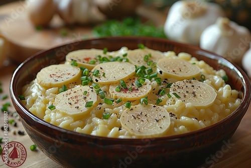 A gourmet risotto made with saffron and topped with a generous portion of shaved white truffles. 