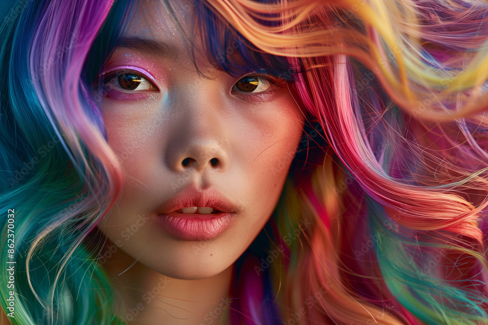 woman with rainbow colored hair. The hair is long and flowing. The woman has a very bright and colorful look woman with rainbow colored hair. The hair is long and flowing. The woman has a very bright and colorful look