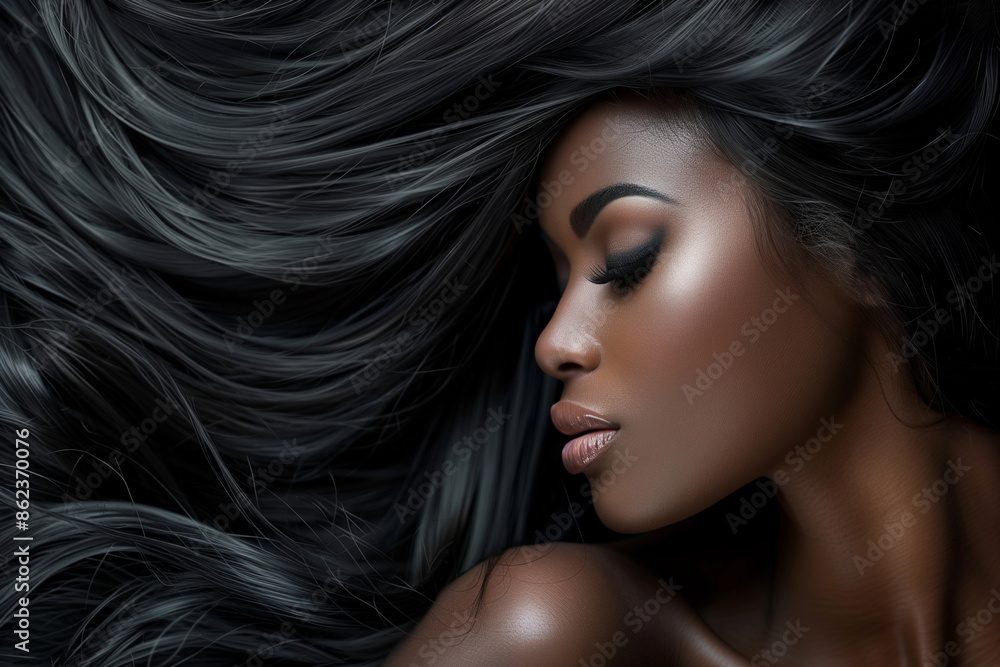 Fototapeta premium woman with long black hair and a dark complexion. She has a beautiful smile.