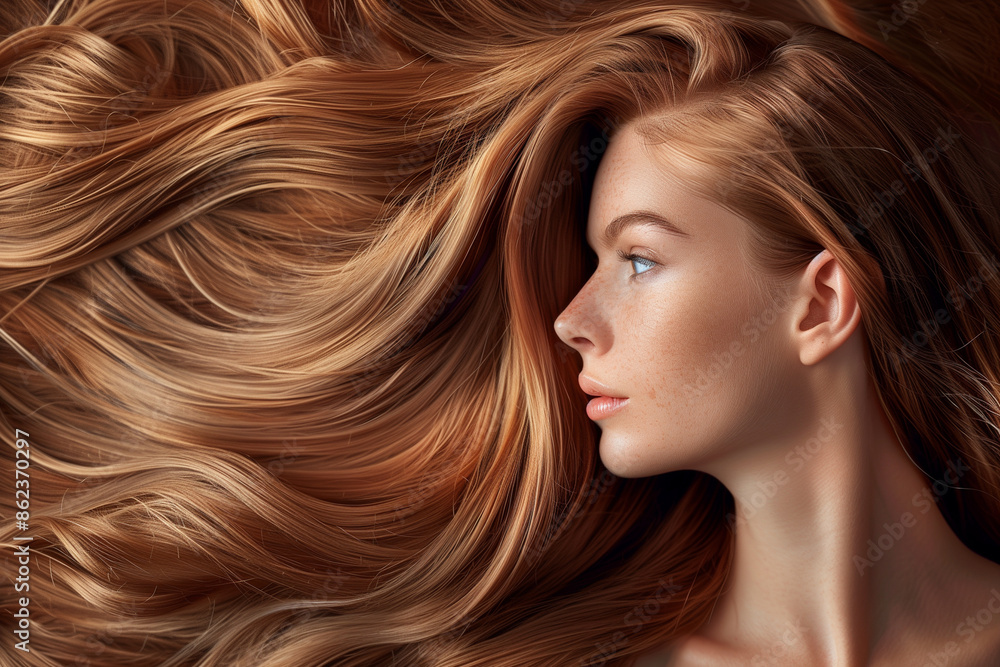 Obraz premium woman with long brown hair is sleeping. The hair is long and flowing, and the woman's face is resting on her pillow. Concept of relaxation and comfort