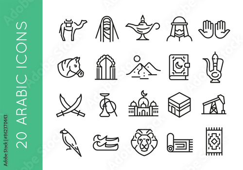 Arabic icons. Set of 20 Arabic trendy minimal icons. Example: Camel, Genie Lamp, Arabic Arch, Oil Rig, Kaaba icon. Design signs for web page, mobile app, packaging design. Vector illustration.