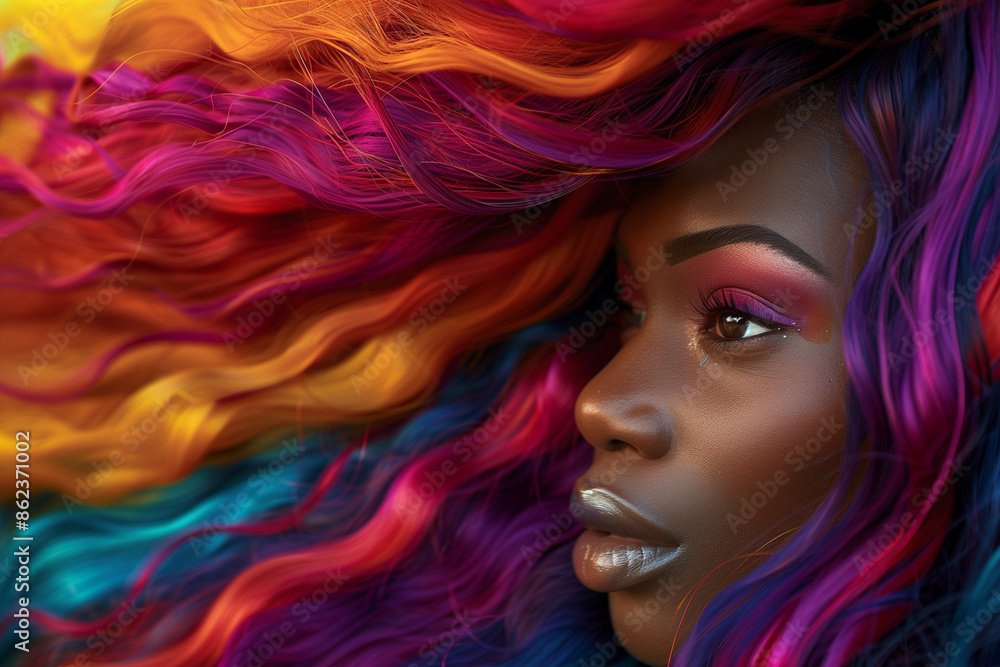 woman with rainbow colored hair and makeup. The hair is long and colorful, and the woman has a serious expression on her face woman with rainbow colored hair and makeup. The hair is long and colorful, and the woman has a serious expression on her face
