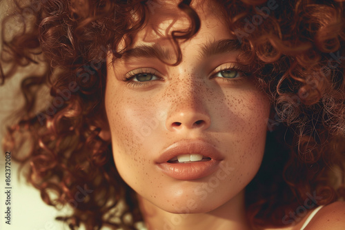 Wallpaper Mural woman with curly hair and green eyes. She has a nice smile and is wearing makeup. The image has a warm and friendly vibe Torontodigital.ca