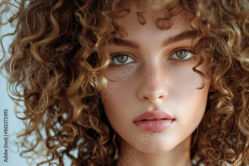 Wallpaper Mural woman with curly hair and green eyes. She has a nice smile and is wearing makeup. The image has a warm and friendly vibe Torontodigital.ca