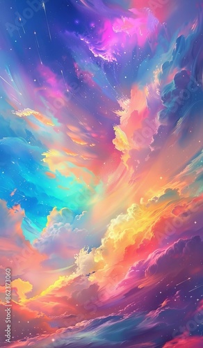 A beautiful vibrant sky filled with colorful clouds and stars