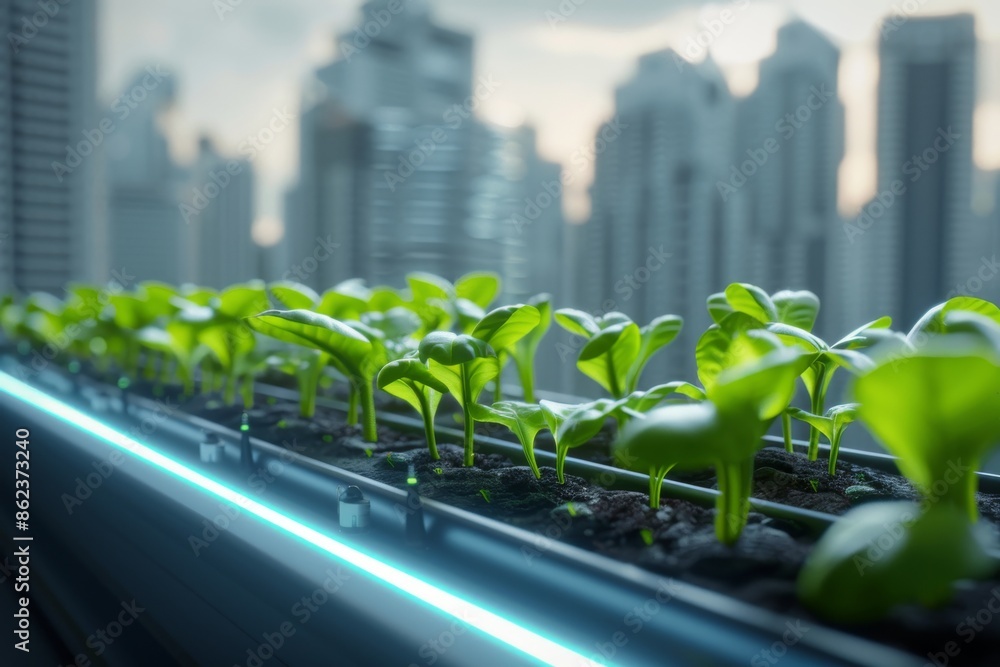 Urban gardening with young green plants growing in a futuristic city ...