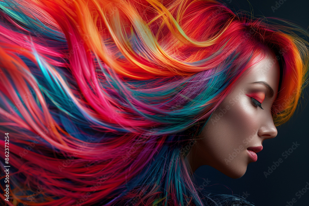 Naklejka premium woman with rainbow colored hair is shown in a close up. The hair is long and colorful, with a mix of red, blue, and green. The woman's face is also colorful, with a pink lip and a bright smile