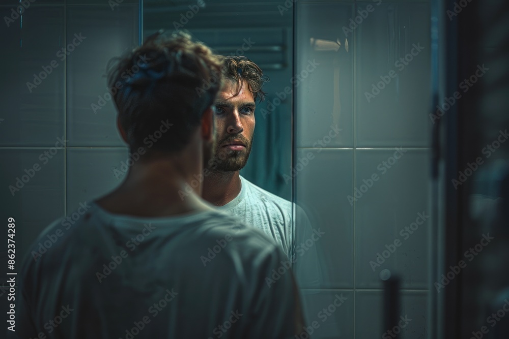 A man standing in front of a mirror, looking at his reflection with a ...
