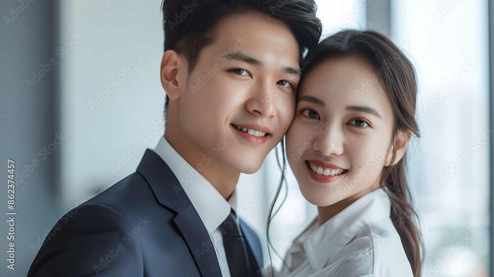 Beautiful Asian couple, a young handsome man in a suit and a beautiful woman wearing a white shirt with a smile posing for the camera together in a modern office background, portrait photography, real Beautiful Asian couple, a young handsome man in a suit and a beautiful woman wearing a white shirt with a smile posing for the camera together in a modern office background, portrait photography, real