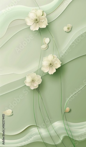 Elegant floral abstract artwork with three white flowers on a light green background