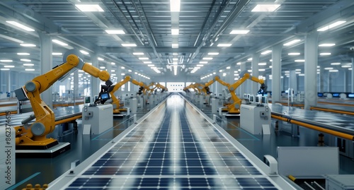 Robotic arms assembling solar panels in a high-tech factory