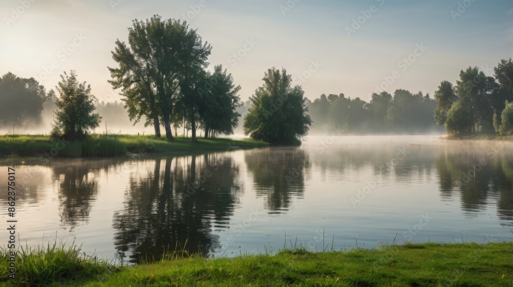 Misty lake view with beautiful green plants Misty lake view with beautiful green plants
