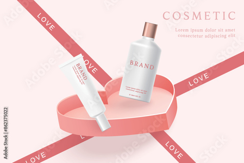 Cosmetic product ads template on pink background with heart shape gift box and ribbon.