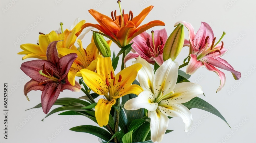Naklejka premium photograph of Beautiful colorful lilies in a detailed vase on a clear white background.