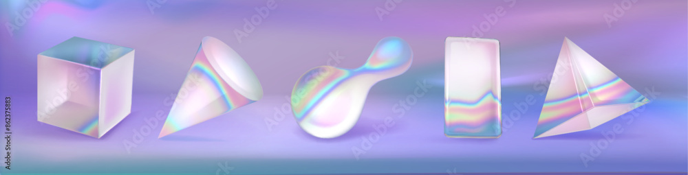 Set of 3D glass geometric objects isolated on background. Vector realistic illustration of iridescent abstract, cube, cone, pyramid shape design elements with transparent rainbow color surface Set of 3D glass geometric objects isolated on background. Vector realistic illustration of iridescent abstract, cube, cone, pyramid shape design elements with transparent rainbow color surface