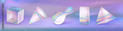 Set of 3D glass geometric objects isolated on background. Vector realistic illustration of iridescent abstract, cube, cone, pyramid shape design elements with transparent rainbow color surface