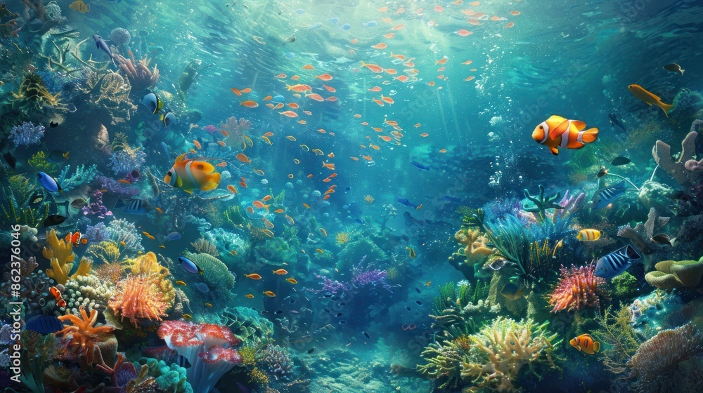 Obraz premium photograph of In the sea there are beautiful fish and corals with many details.