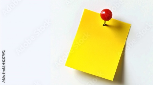 Yellow sticker note with red pin isolated on white background © Denis