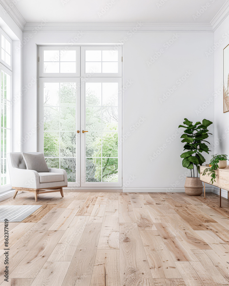 Fototapeta premium Empty room interiors in a property with no people and minimal furniture arrangements. Residential luxury Real Estate development concept image.