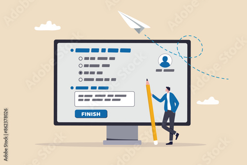 Online questionnaire survey, customer feedback choice or checklist, internet exam, opinion or comment, answer question, surveyor poll concept, man with pencil finish online questionnaire on computer.