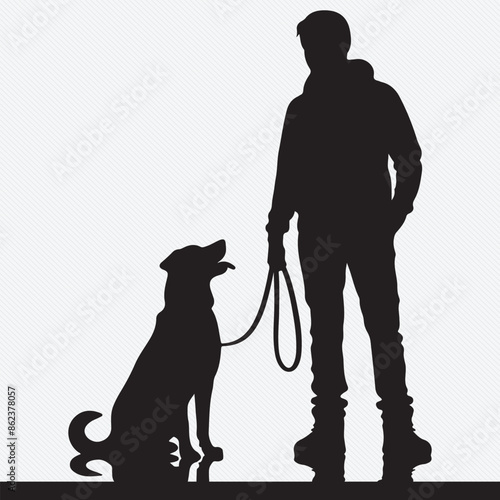A man and a dog silhouettes are standing in front of a wall with a man holding a leash that says dog.